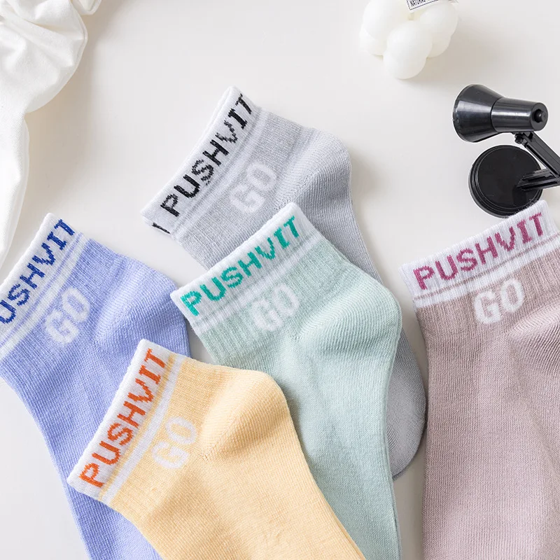 5 pairs of thin summer style female short tube ins trend with pure color letters simple breathable low-top shallow socks