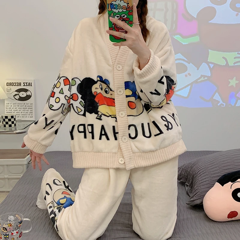 2Pcs Top Pants Suit Pyjamas Winter Flannel Warm Cardigan Cartoon Pajamas Set Women Girl Home Clothes Fleece Thicken Sleepwear