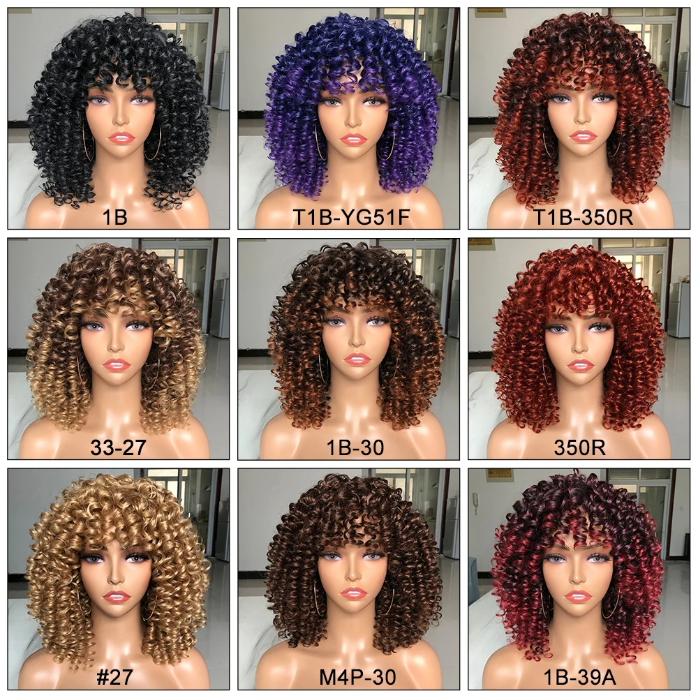 Short Hair Afro Kinky Curly Wigs With Bangs For Black Women Fluffy Synthetic Ombre Glueless Cosplay Natural highlight Blonde Wig