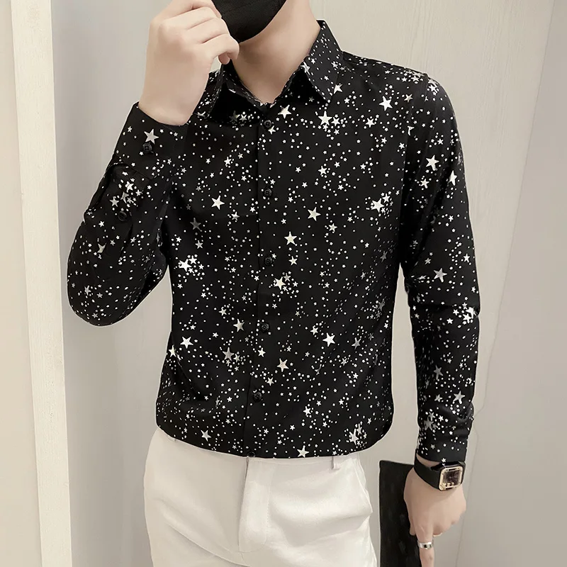 

2022 Autumn Star Print Men's Shirt Long Sleeve Casual Shirt Slim Streetwear Social Party Nightclub Clothing Camisas Para Hombre