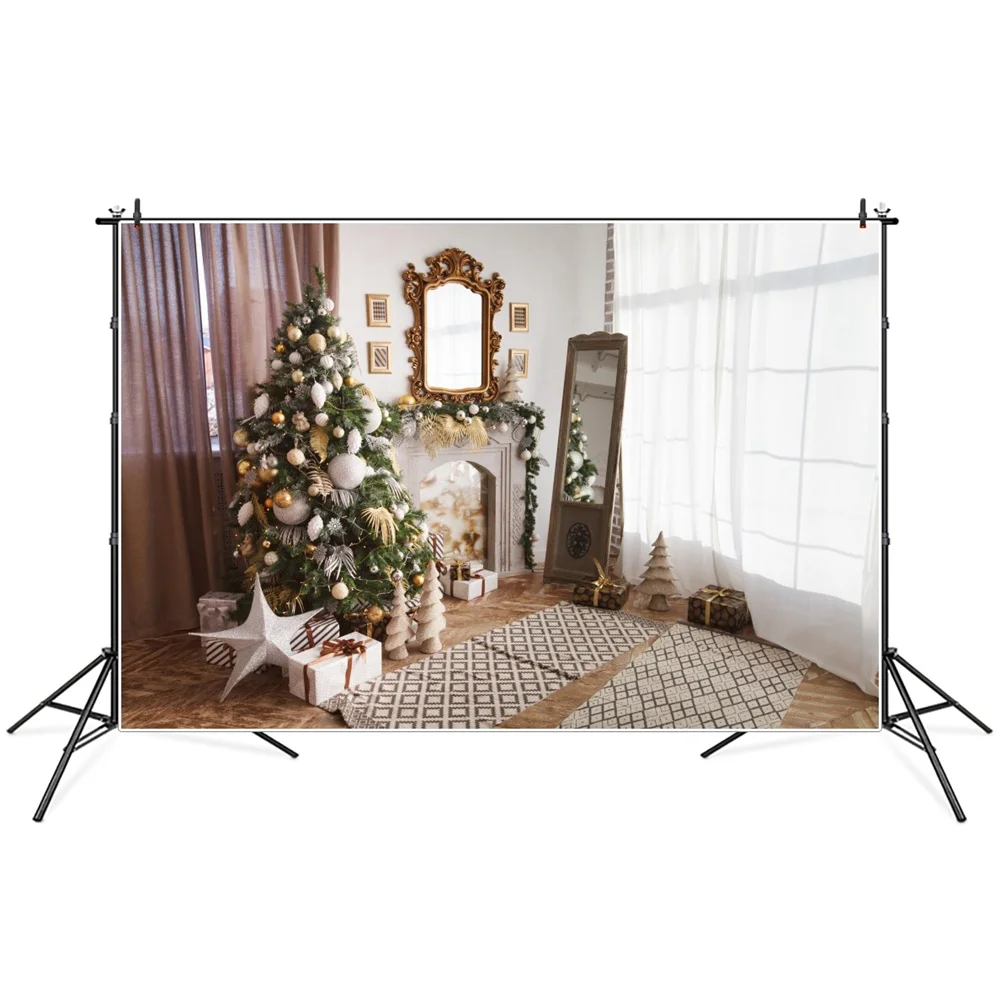 

Christmas Tree Mirror Fireplace Gifts Curtain Room Photography Backdrops Custom Baby Party Decoration Photo Booth Backgrounds