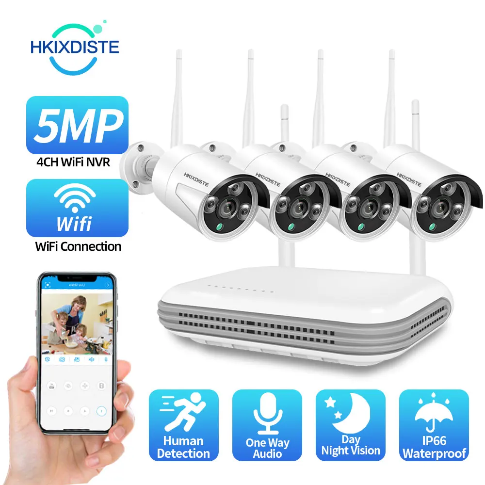 

4-канальная беспроводная Wi-Fi система 5 МП, комплект с Wi-Fi камерой, ии датчик движения, обнаружение человека, аудио, дневное и ночное видение, XMeye, домашняя система безопасности ICSEE