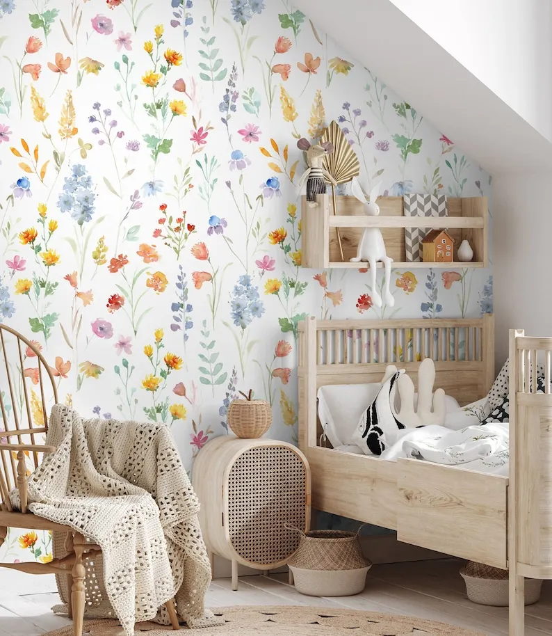 

Kids Watercolor Wild Floral Wallpaper | Colorful Wild Flower Wall Mural | Summer Flower Hand Paint Wallpaper