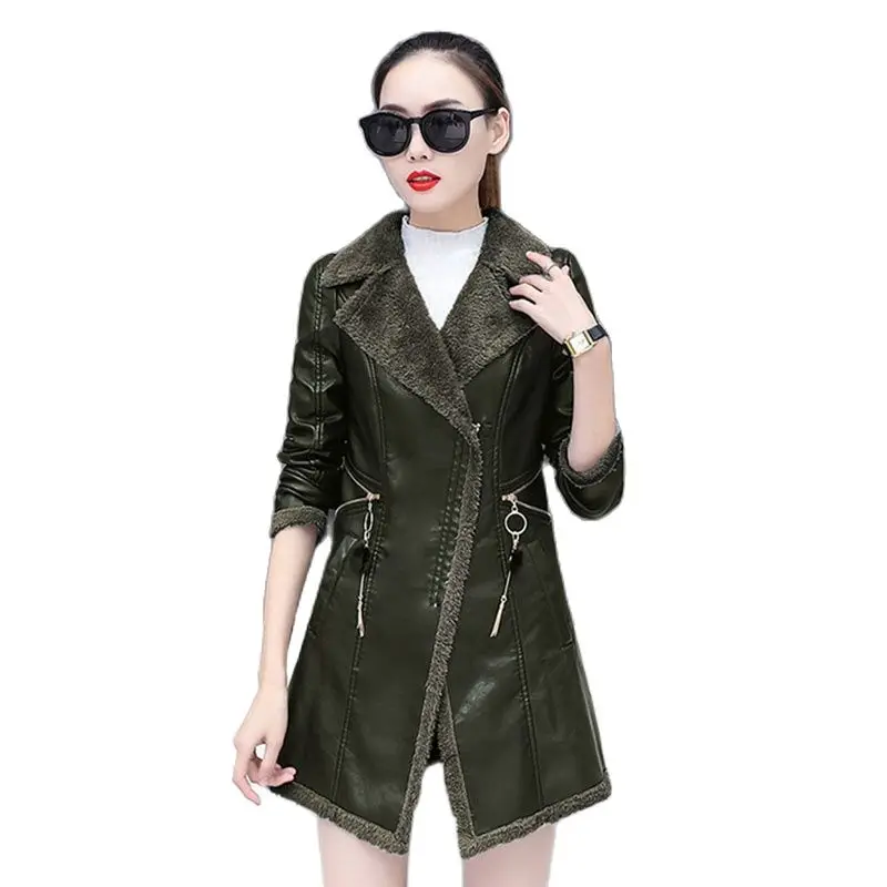 Fur Collar Stitching Parkas Jacket Coat Outerwear Mid-Long Winter New Leather Slimming Slim Add Velvet Thickening Female