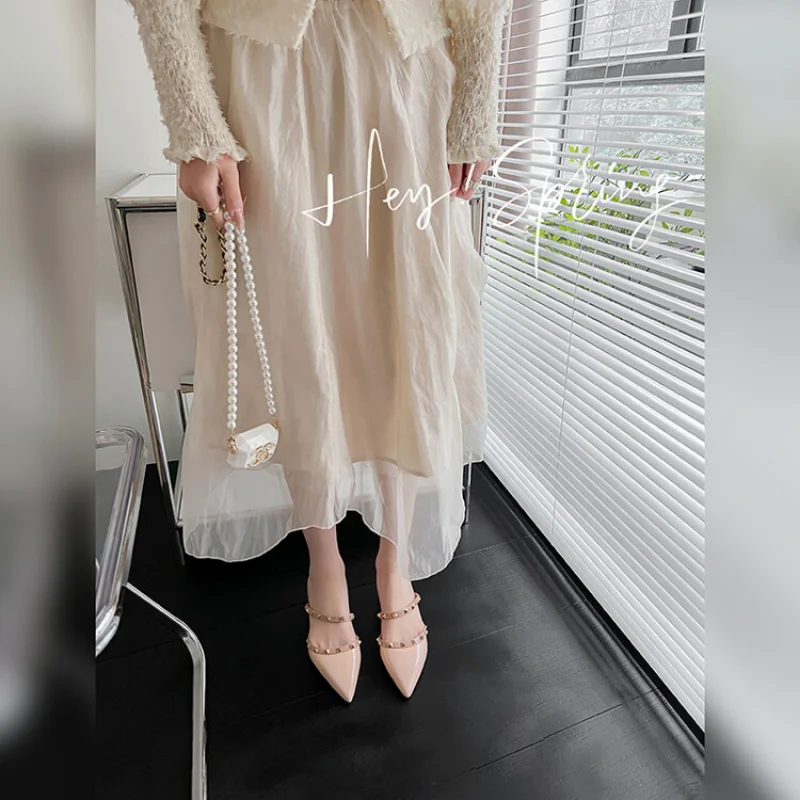 Coarse with Baotou Slippers Female 2023 New Summer Pointed Head Rivets Sandals with A Slip-on Lazy Shoes A2820