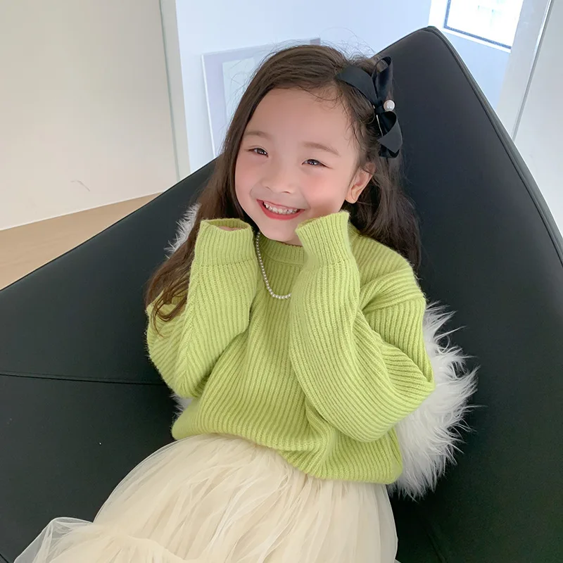 

Autumn Winter girls solid color knitted sweaters children thick warm loose knit wear