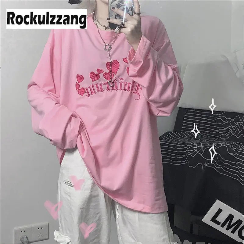 

Rockulzzang O-neck Long Sleeve Pink T-shirt Kawaii Love Letter Graphic Embroidery T Shirt Women Cloth Loose y2k Casual Top Tee