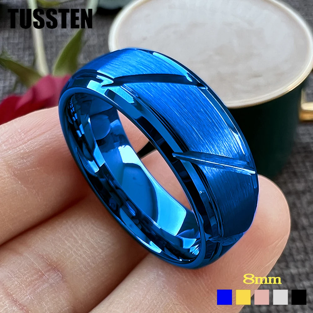 

Dropshipping TUSSTEN 8MM Cool Men Ring Women Tungsten Wedding Band Grooved Stepped Beveled Brushed Finish Comfort Fit