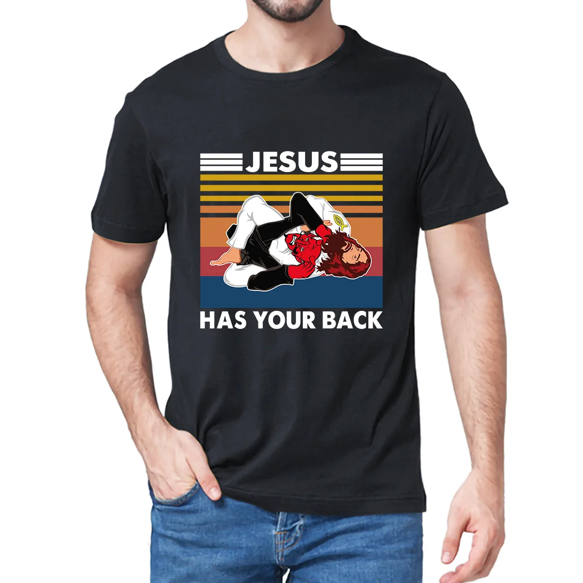 

JIU JITSU-Camiseta de manga corta de algodón para hombre y mujer, camisa de manga corta con cuello, con estampado de Jesús, 100%