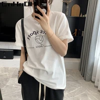 cnhnoh letter printed white short sleeved t shirt womens spring and summer new cotton round neck loose bottoming top
