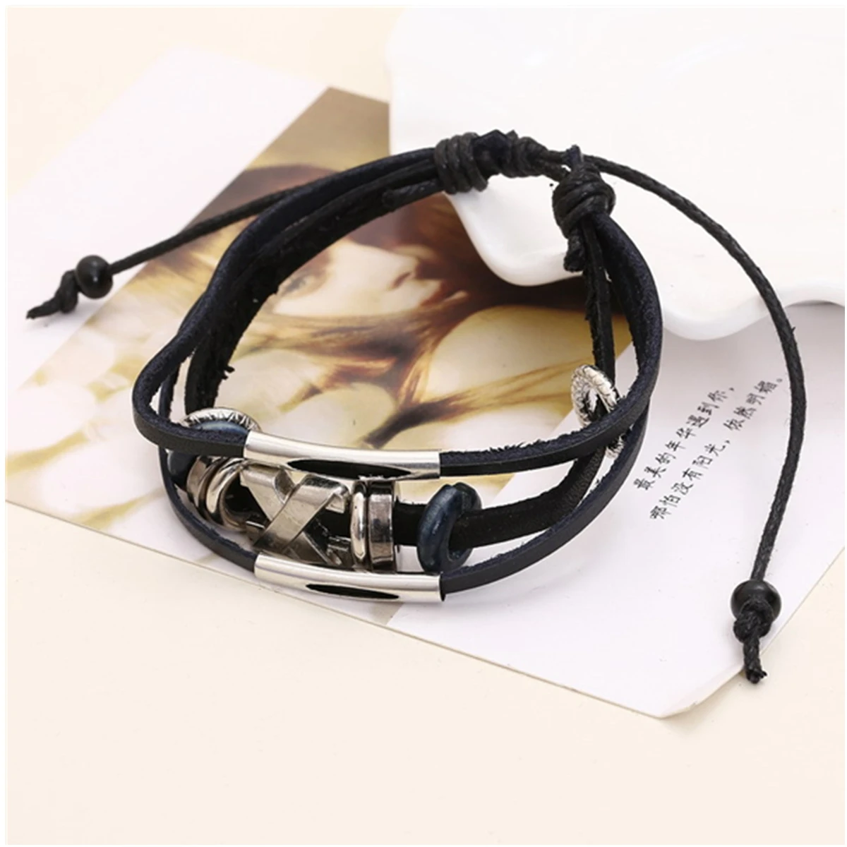 

Серебряный браслет цепочка тренд модная кожаная веревка студент винтажный многослойный мужской универсальный браслет