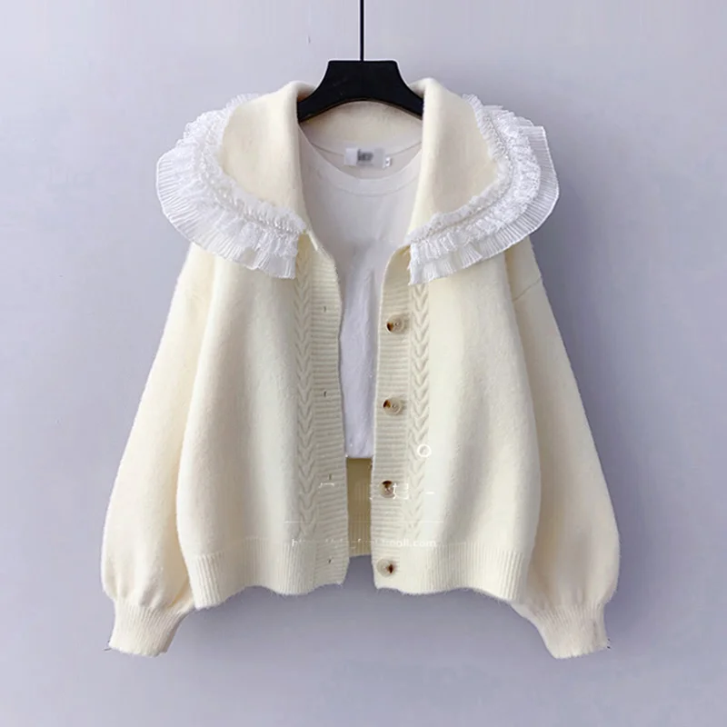 

AZYT Autumn Winter Knit Female Cardigan Lace Turn Down Collar Sweater Women‘s jacket Loose Elegant Ladys Cardigan Pull Femme Top