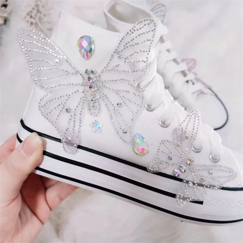

Thick bottom waterproof table rhinestone butterfly decoration handmade custom canvas shoes Spring and autumn women 35-40