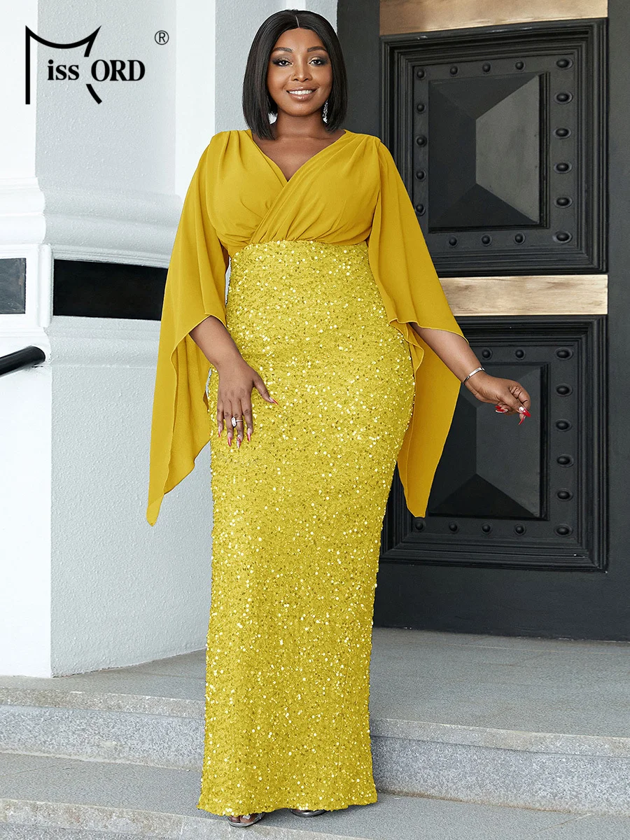 

Missord Yellow Sequins Wedding Party Dress 2023 Elegant Women V Neck Ruched Flare Sleeve Bodycon Evening Prom Dresses Long Gown