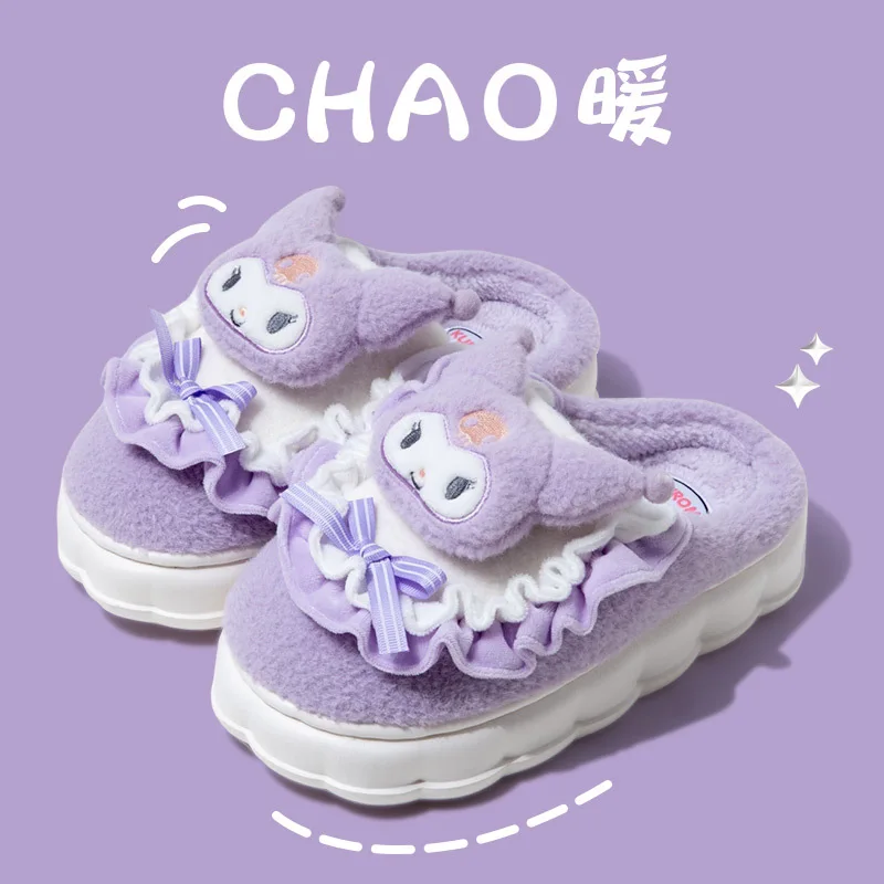 

2023 House Slippers Winter Warm Cotton Shoes Kawaii for Girls and Boys Cinnamons Dog Melody Kuromis Shoes High Platform Bathroom