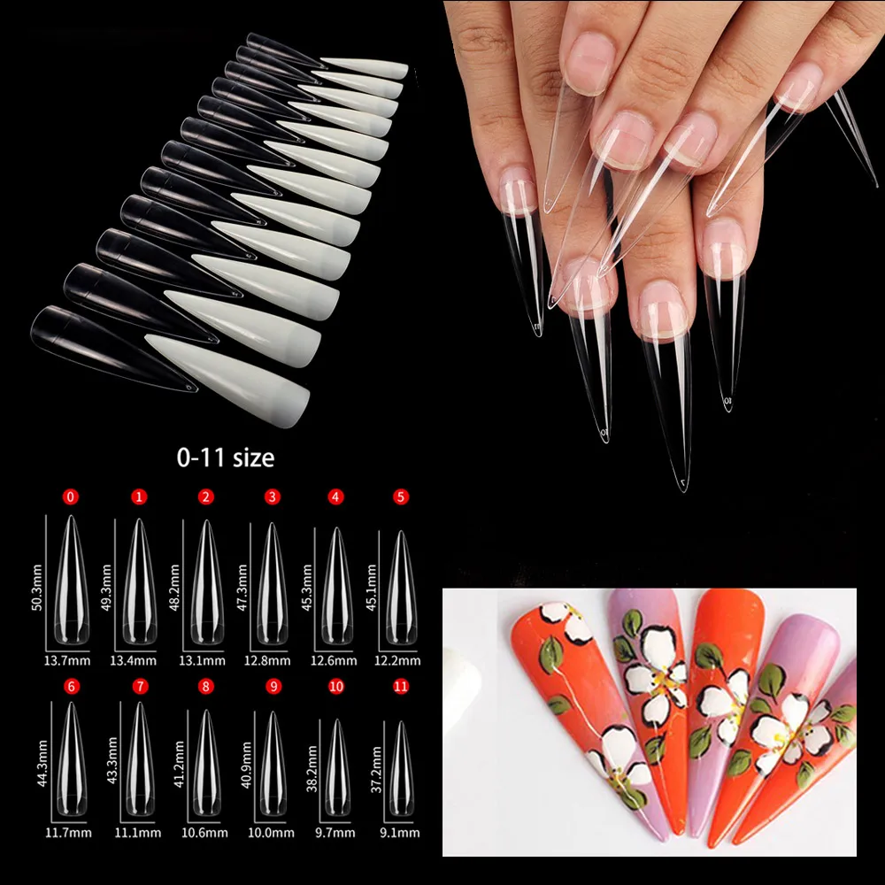 

500Pcs Long Acrylic Stiletto Nail Tips For Nail Art With Design Accessories Press On False Nail Half Cover UV Gel Manicure Tool