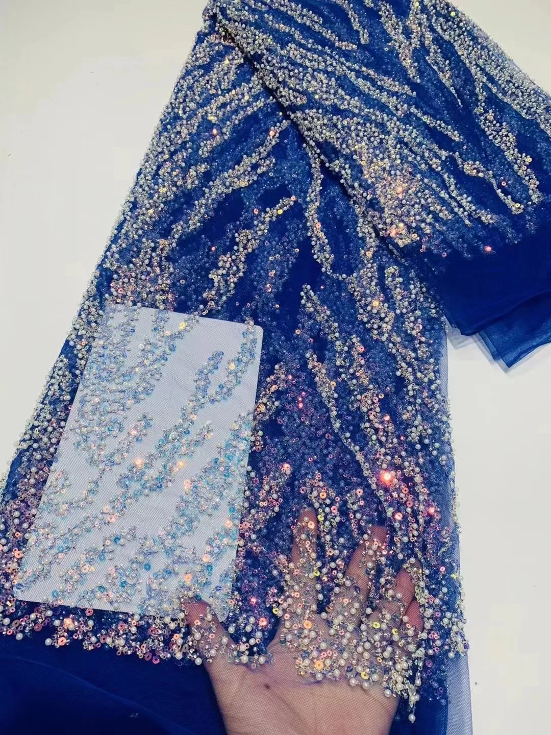 

Blue Latest Classic African Handmade Stone Lace High Quality 2022 Elegant Embroidery Beaded Tulle Lace Fabric For Wedding Dress