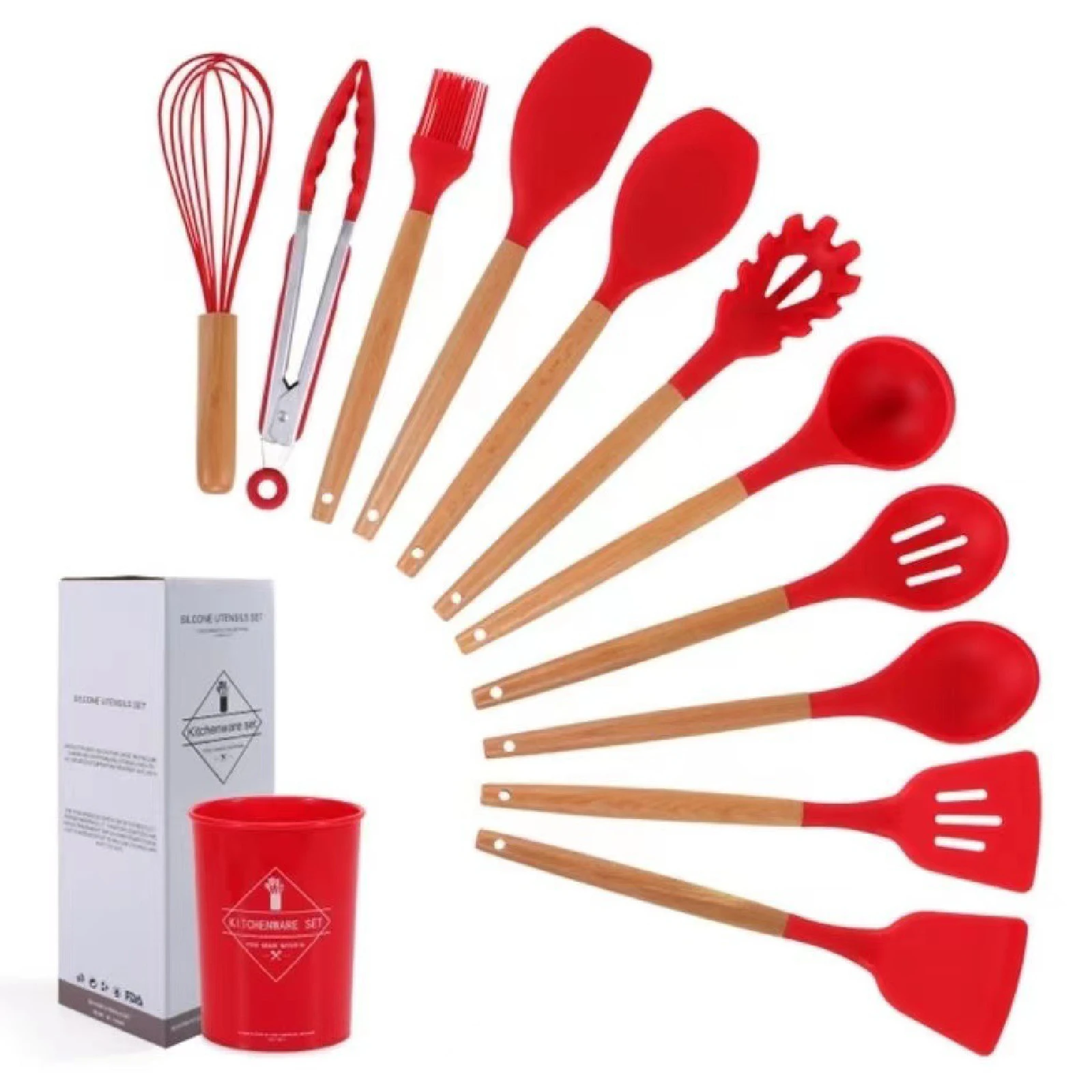 

12 шт. набор кухонной утвари, противоожоговая силиконовая кухонная утварь с ведром для хранения, дерево