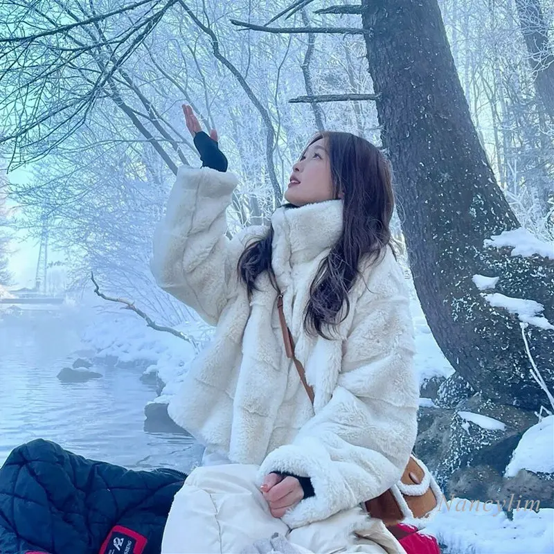 2022 Winter New Mink-like Wool Fur Coat Women's Short Lamb Fur Stand Collar Imitation Rabbit Fur Coats Koean Fashion