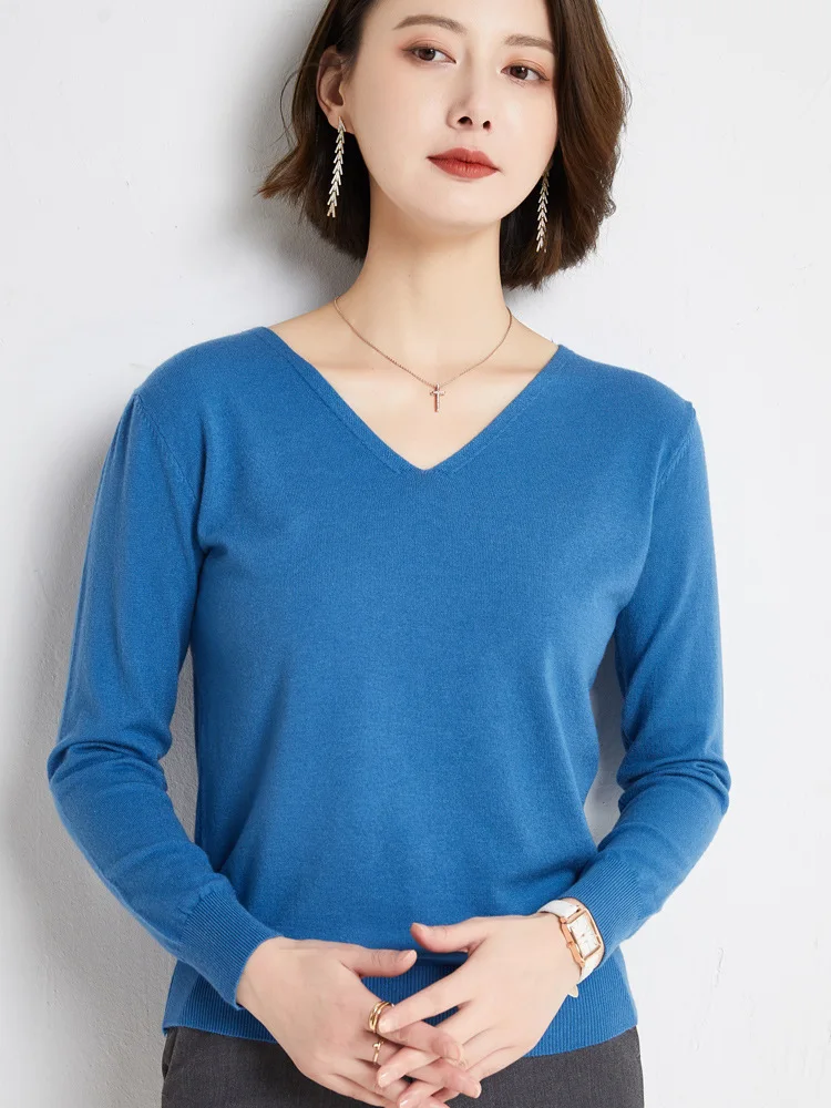 

Solid knit autumn/winter casual V-neck new long sleeves gray
