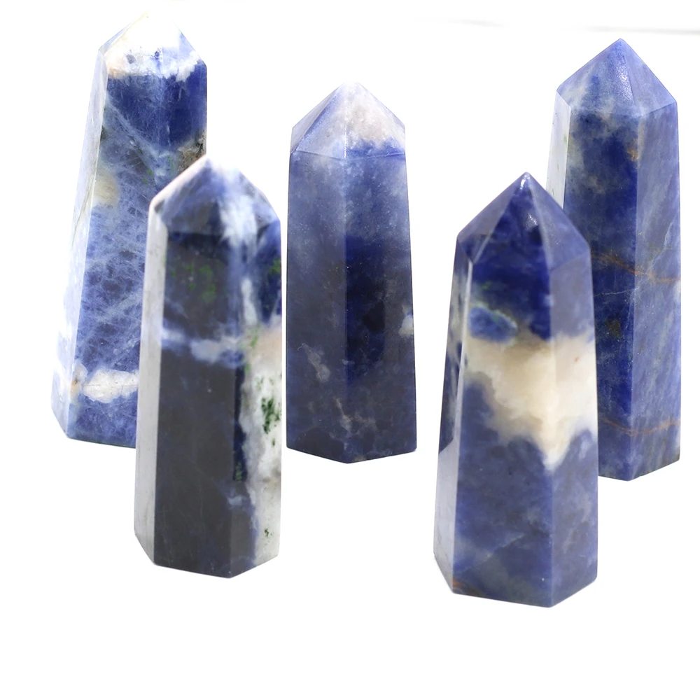 

Hexagonal Column Ornament Natural Sodalite Stone Tower Point Carved Crafts Reiki Energy Healing Crystals Modern Home Decoration