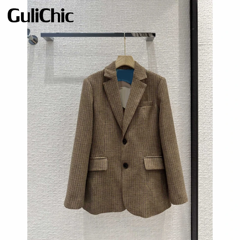 

2.25 GuliChic Women Temperament Casual Notched Collar Long Sleeve Print Lining Houndstooth Blazer Or Mini Skirt Set