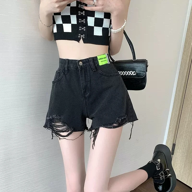 Biker Black Perforated Denim Shorts Women's Clothes Summer 2023 New High Waist Slim Large Size Wide Leg Pants Jeans Shorts AC274