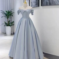 elegant sky blue satin evening dresses off shoulder beading boat neck simple a line formal banquet bridesmaid prom gown vestidos