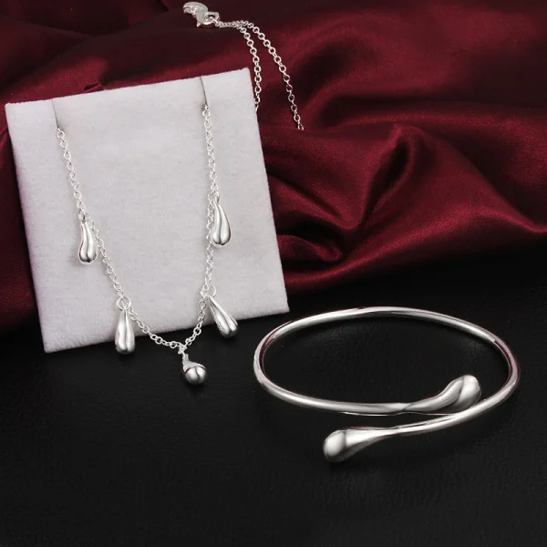 

925 sterling Silver water drop necklace bangles bracelet Jewelry set for woman fashion Party wedding accessoriesChristmas gifts