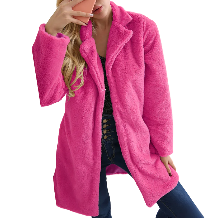 2022 Women Rose Red Faux Fur Long Teddy Coat Autumn Winter Female Casual Warm Overcoat Elegant Ladies Turn-down Collar Parka