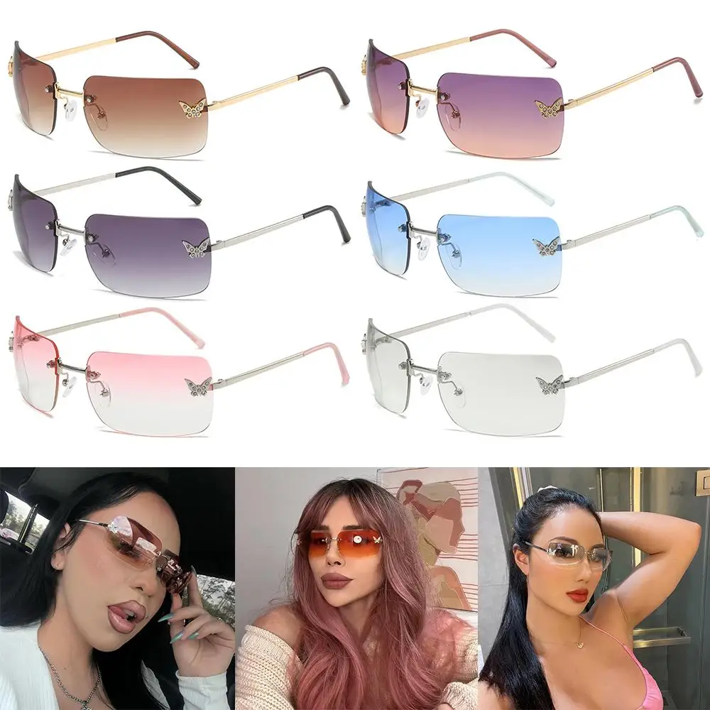 

Женские солнцезащитные очки-бабочки Y2K, солнцезащитные очки без оправы в стиле ретро, прямоугольные солнцезащитные очки, модные винтажные затемненные пляжные очки