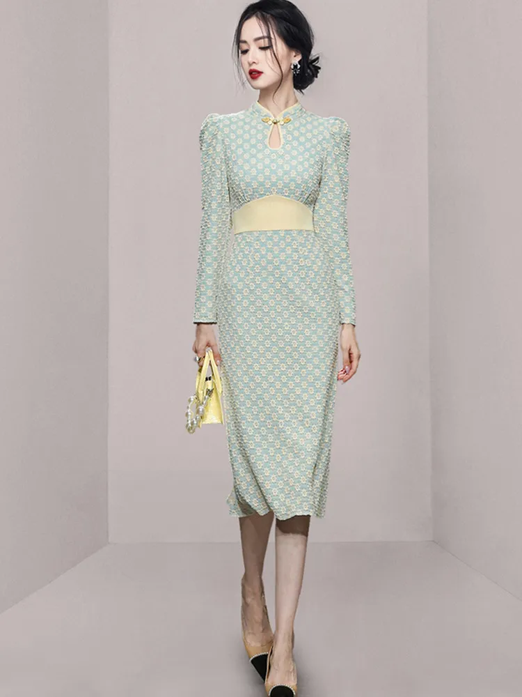 

SMTHMA Autumn Winter New Fashion Vintage Stand Collar Jacquard Dress Women's High Waist Slim Mid Length Dresses Vestidos