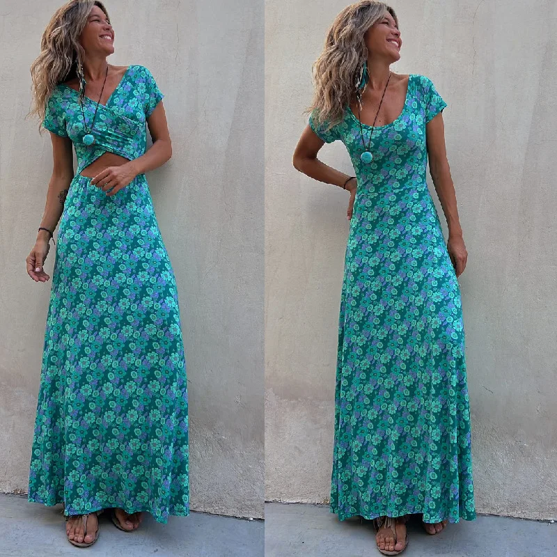 

Elegant Women's Dresses 2023 Summer Short Sleeve Two Sided Printed Slim Fit Dress Beach Vacation Female Robe S-XL