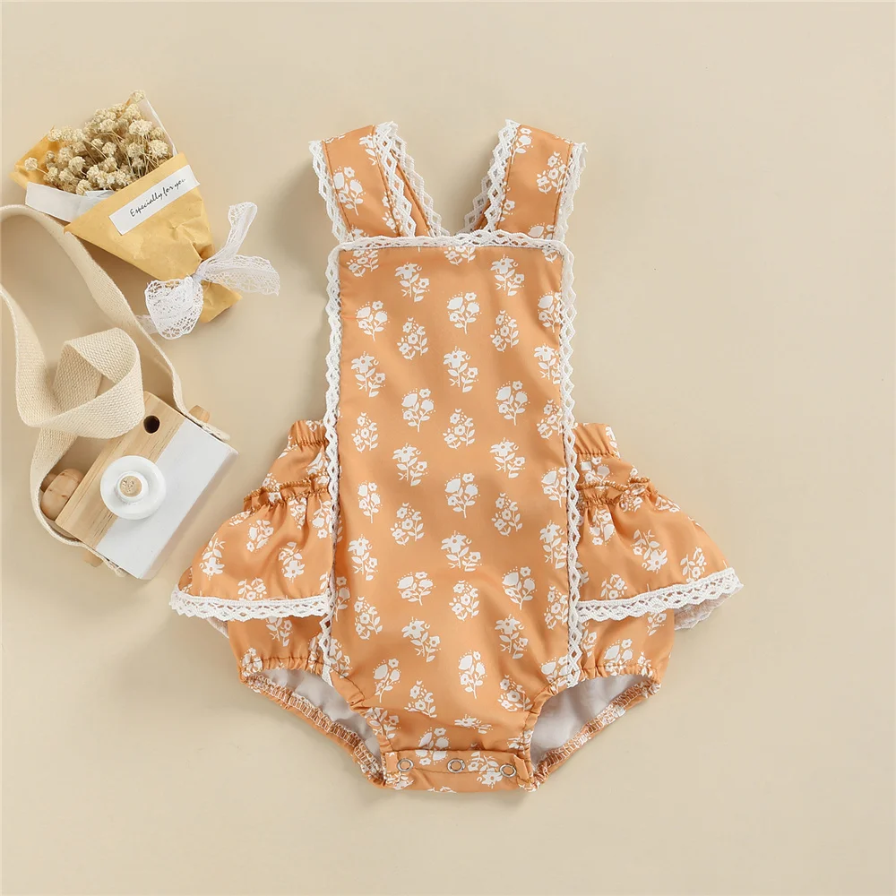 

2022 Летний комбинезон для маленьких девочек без рукавов, милое стильное боди для маленьких девочек с цветочным принтом и кружевной отделкой, простой комбинезон для младенцев