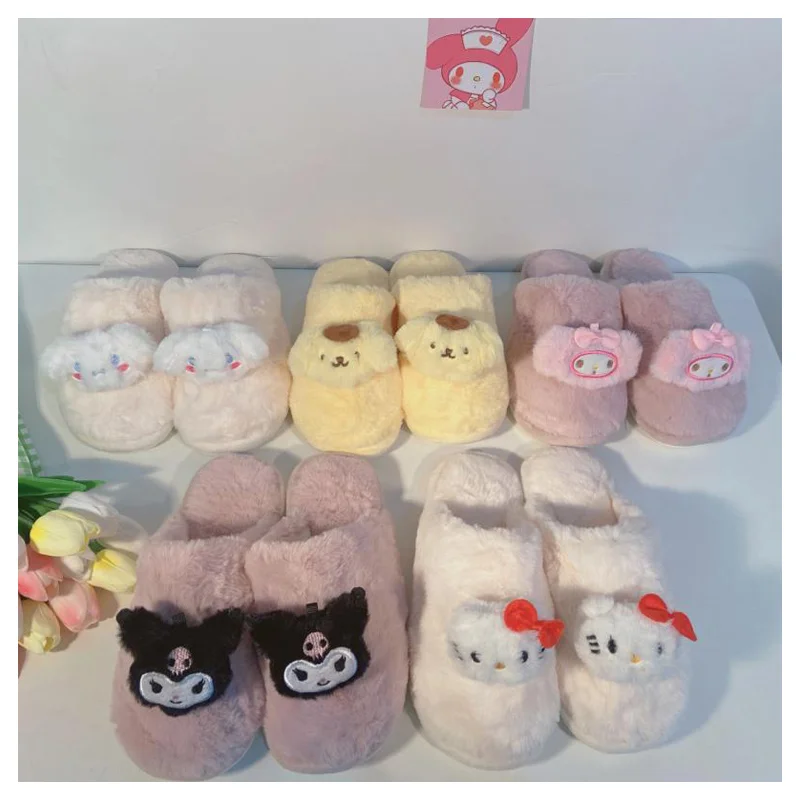 

Sanrioed My Melody Cinnamoroll Kuromi Purin Dog Kawaii Плюшевые Теплые Тапочки Мультяшные плюшевые мягкие осенне-зимние Нескользящие тапочки