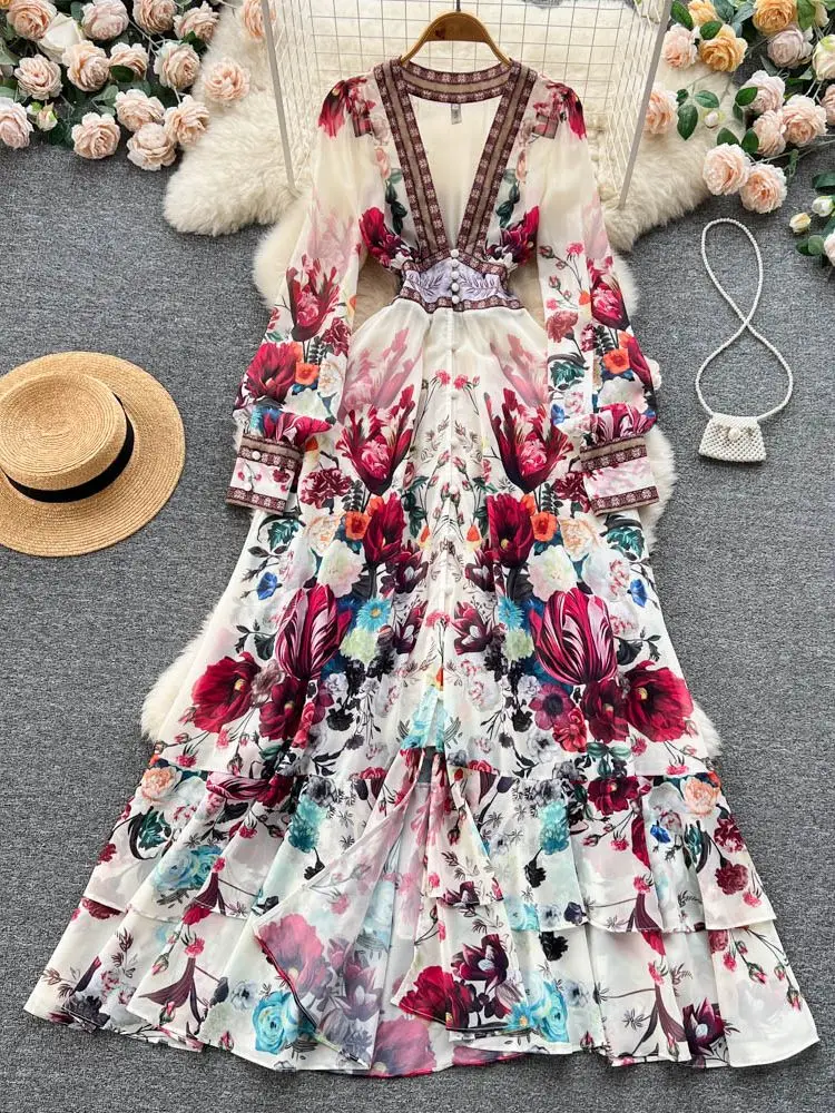 

2023 Fashion Runway Gorgeous Flower Chiffon Cascading Ruffles Dress Women Deep V Neck Long Sleeve Floral Print Boho Robe Vestido