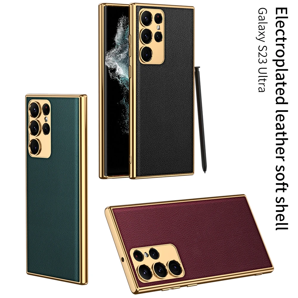 For Samsung Galaxy S23 S22 Ultra Plus Case Luxury Electroplated Plain Leather Shockprooof Soft Silicone Back Cover Accessories