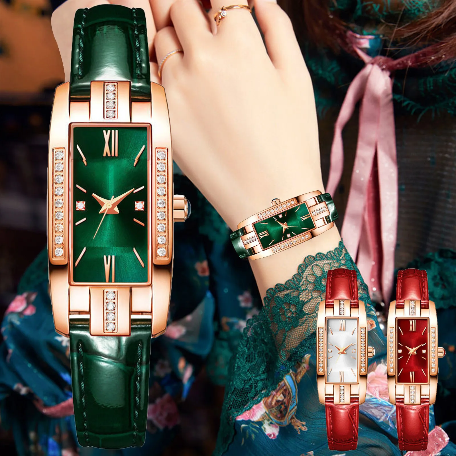 

New Small Rectangle Green Red Rose Gold Plated Crystal Ladies Luxury Korean Fashion Square Quartz Watch for Women