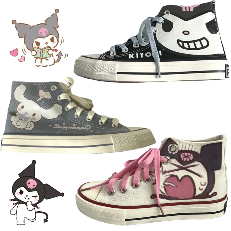 

Sanrioed Kawaii Cartoon Kuromi shoe hand painted white shoes high top canvase shoe Cinnamoroll baby anvase shoe