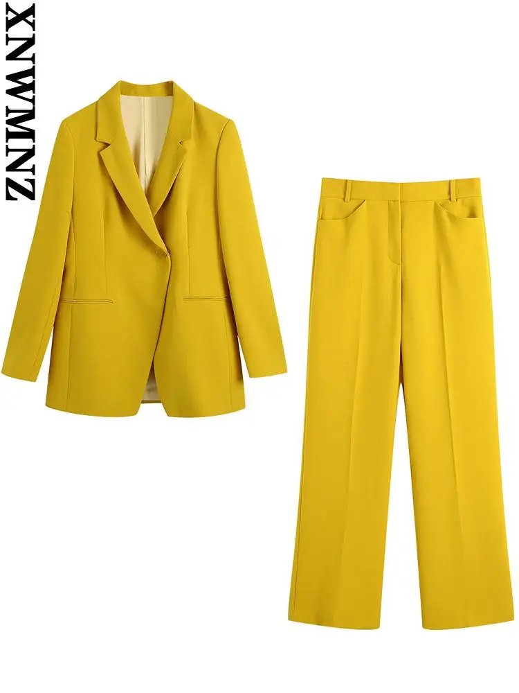 

XNWMNZ Women fashion single button blazer coat or high waist textured flared trousers office professional wear 2 piece set women