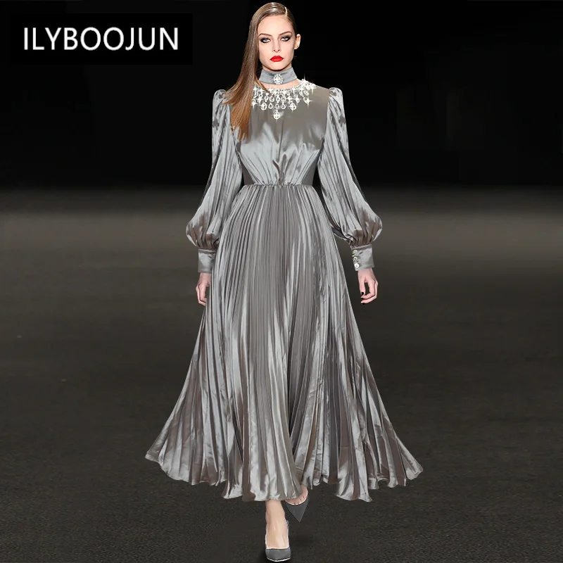 Dresses For Women 2022 Elegant High Quality Luxury Autumn Crystal Diamonds O-neck Lantern Sleeve Solid Party Pleasted Dress