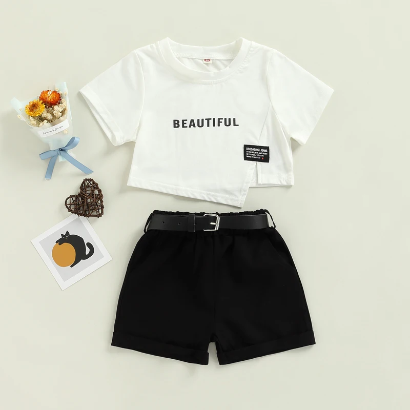 

Футболка с коротким рукавом и шорты с поясом и буквенным принтом, на возраст 1-6 лет