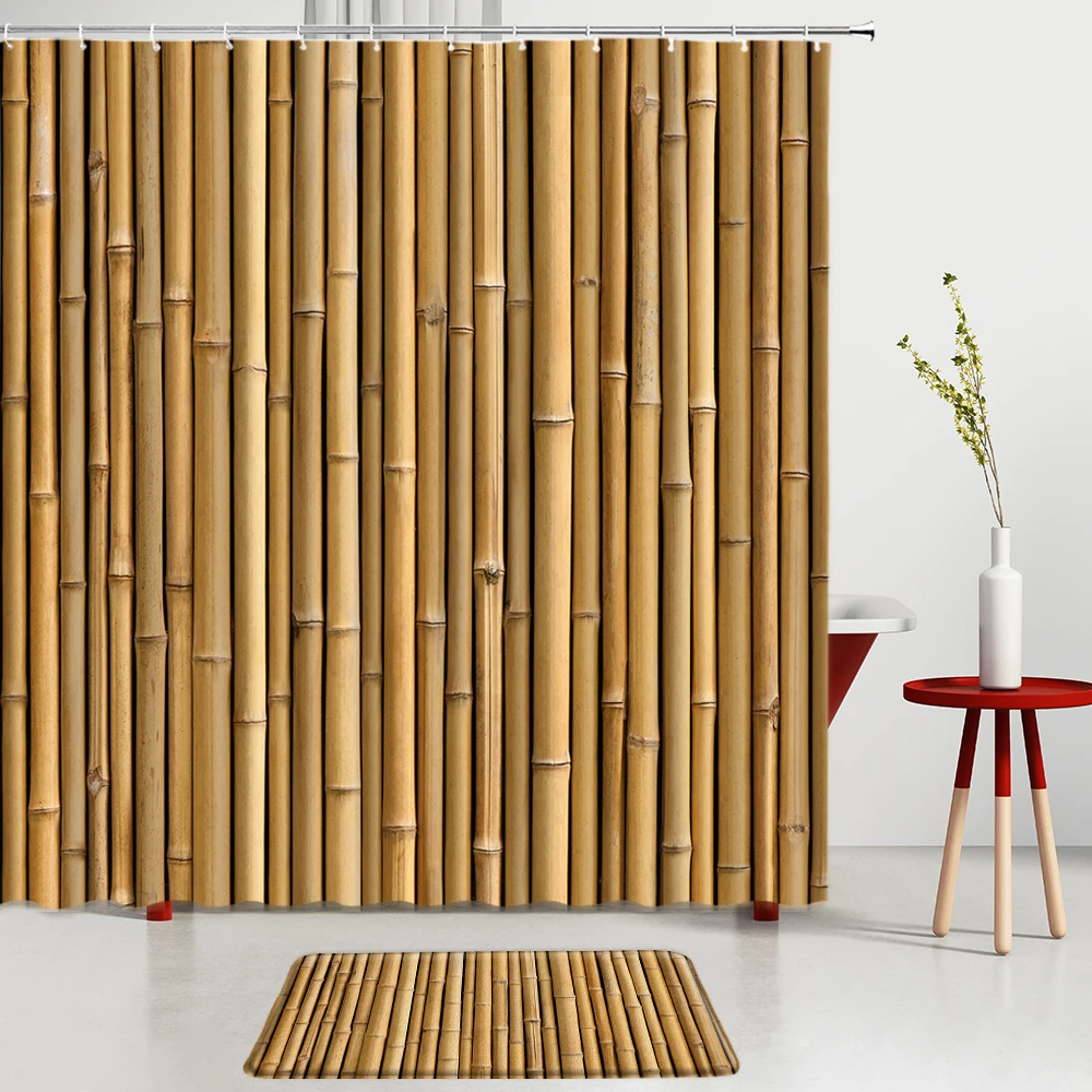 

Chinese Green Bamboo Shower Curtain Set Wood Grain Printing Bath Mats Kitchen Entrance Door Mats Bathroom Room Decoration Carpet