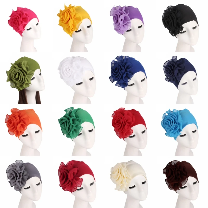 

Women Stretchy Beanie Bonnet Big Flower Hair Loss Cap Ladies Bandanas for Head Drop Shipping