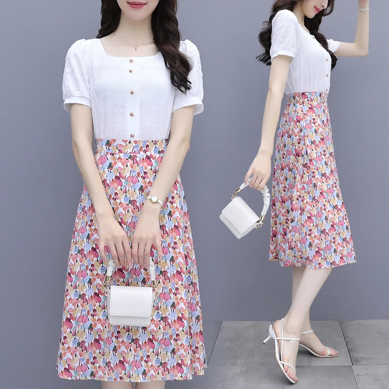 

New Skirt Suit Women Elegant Fashion Half Open Collar Short Sleeve White Top + High Waist Floral Midi Skirt 2 Piece Set 2022