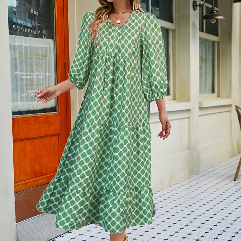 

Bohemian Printed Women Half Sleeve Dress 2022 Autumn Fashion V-Neck Lace up Dress Ladies Casual Loose Commuter A-line Dresses