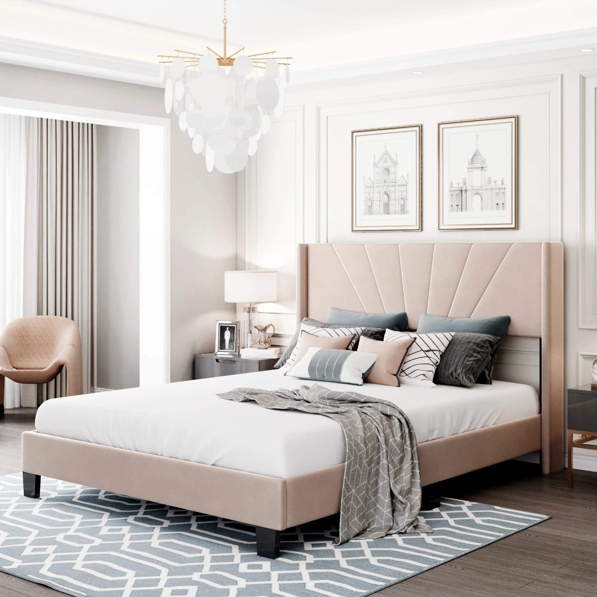 

Queen Size Velvet Upholstered Platform Bed Frame Box Spring Needed Beige/Gray/Blue