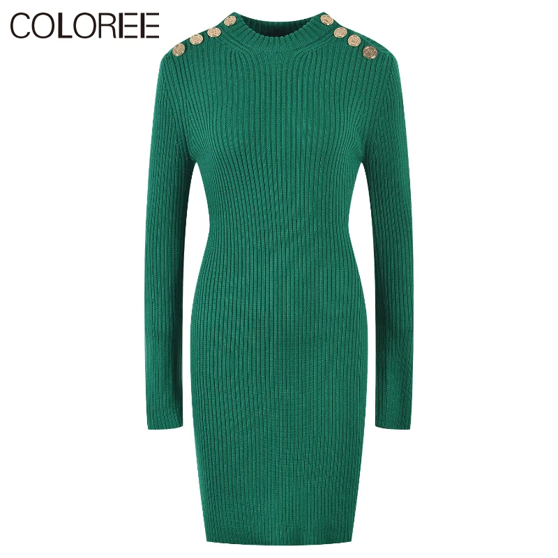 Vintage Gold Buttons Dresses for Women 2023 Autumn Winter Elegant Long Sleeve Short Knitted Sweater Dress Luxury Winter Clothes