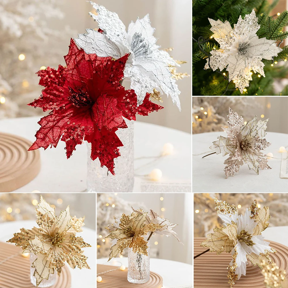 

1PCS Christmas Poinsettia Glitter Artificial Flowers Xmas Tree Party Decoration For Home Party New Year Ornament