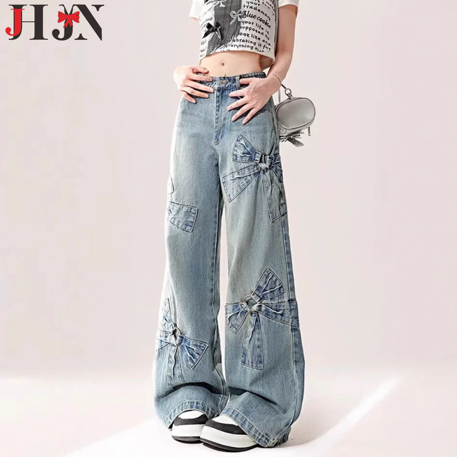 Американские винтажные широкие джинсы с бантом прямые высокой талией для женщин